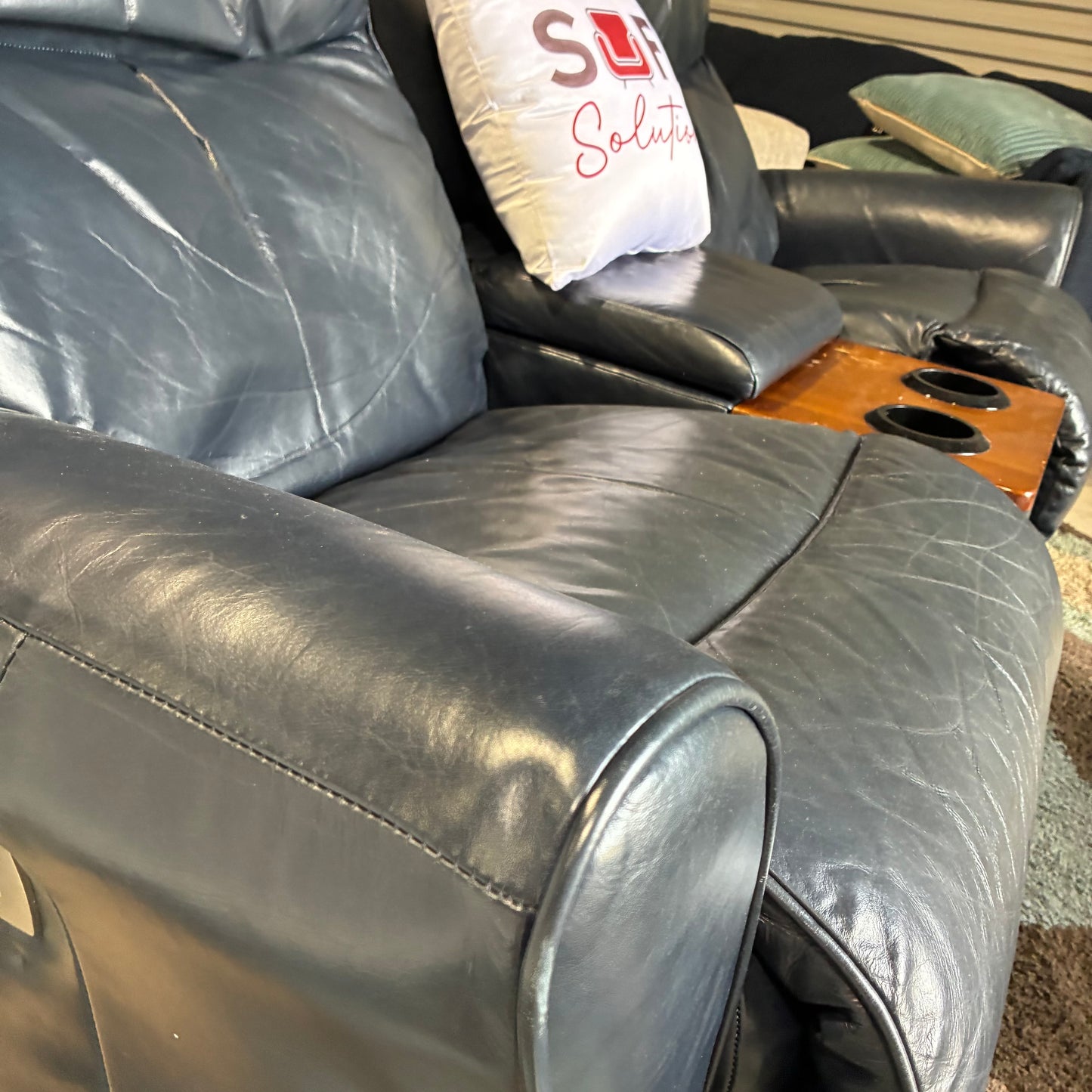 Electric Reclining Navy Leather Sofa