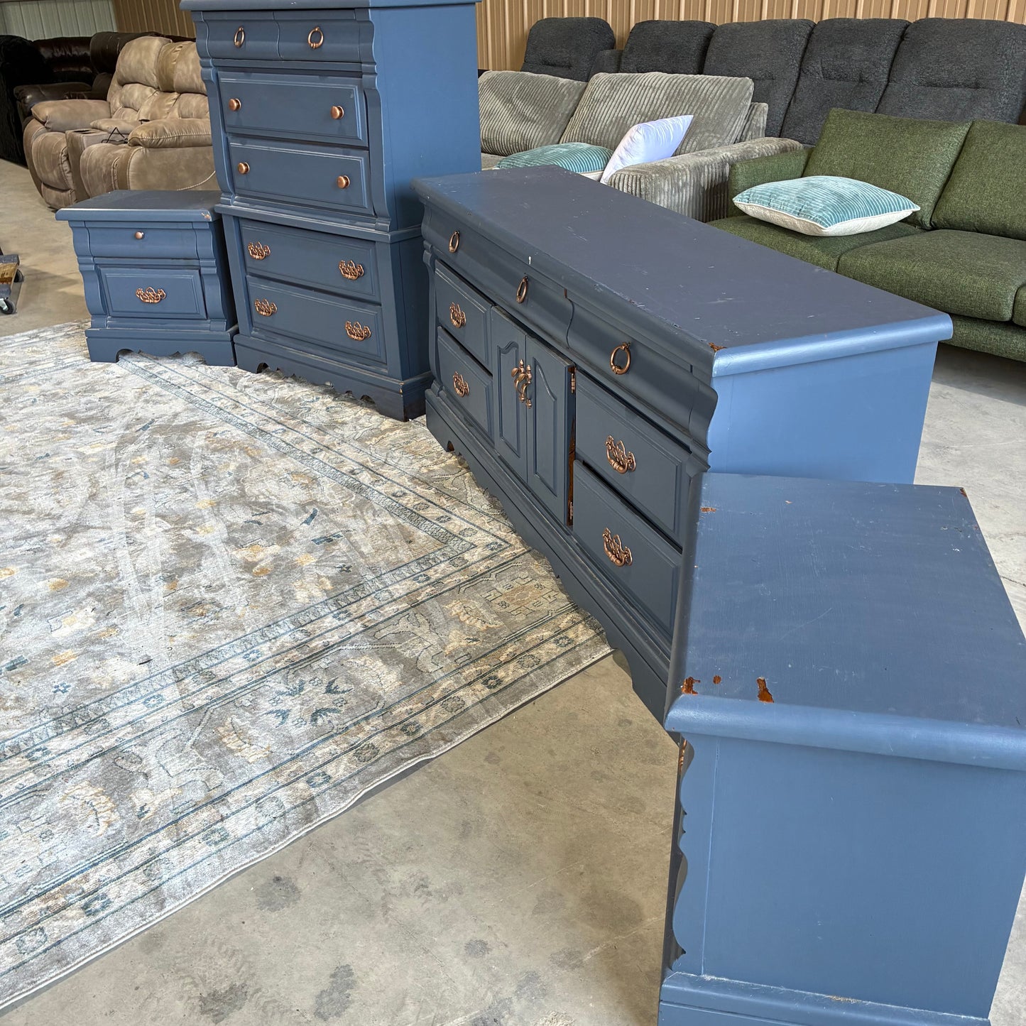 Blue and Gold Dresser, Chest, and Nightstand Set
