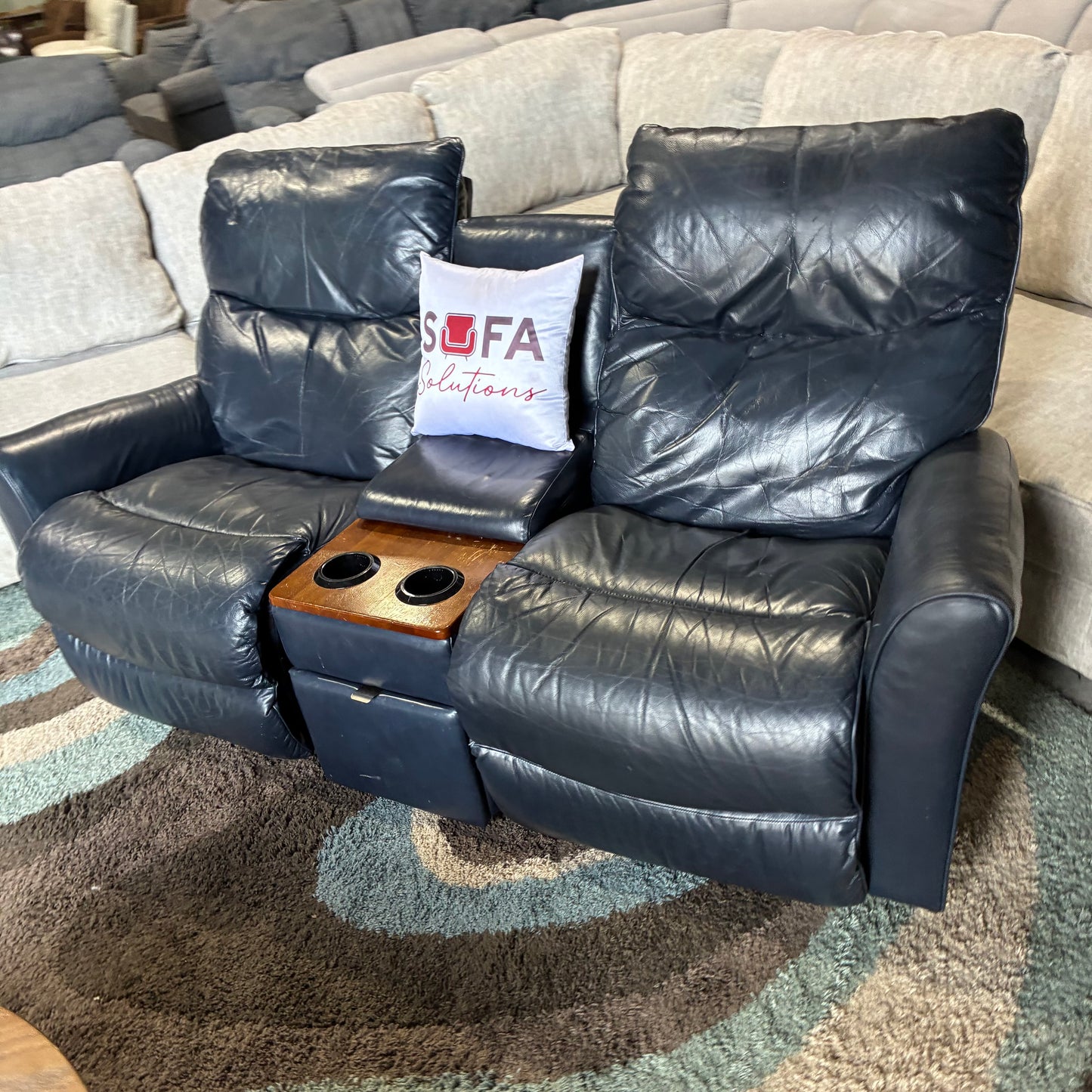 Electric Reclining Navy Leather Sofa