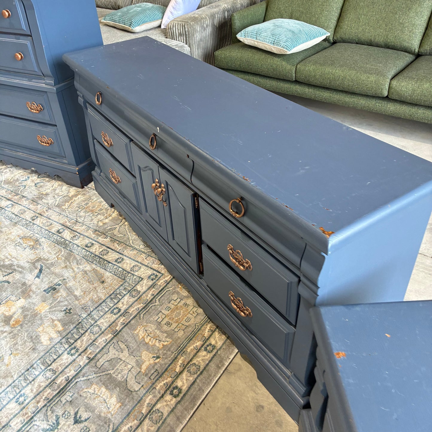 Blue and Gold Dresser, Chest, and Nightstand Set