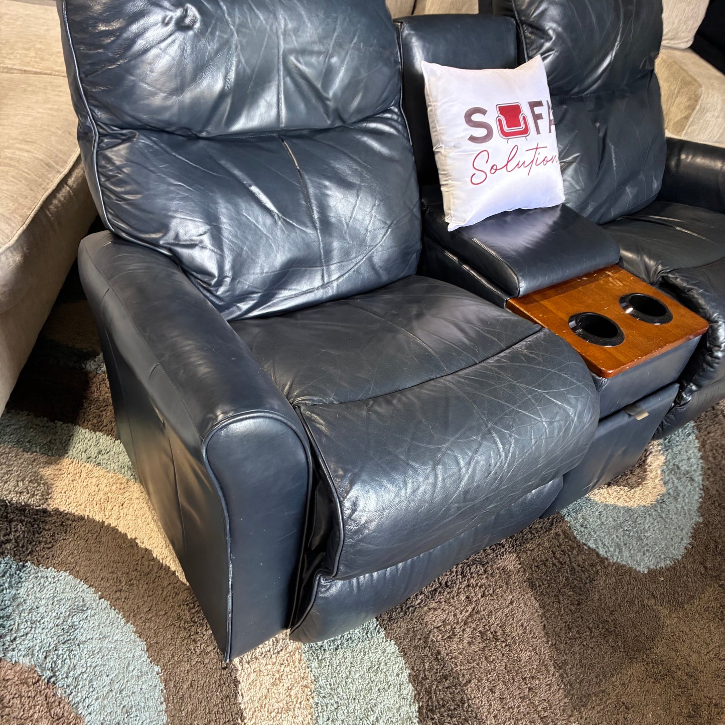 Electric Reclining Navy Leather Sofa