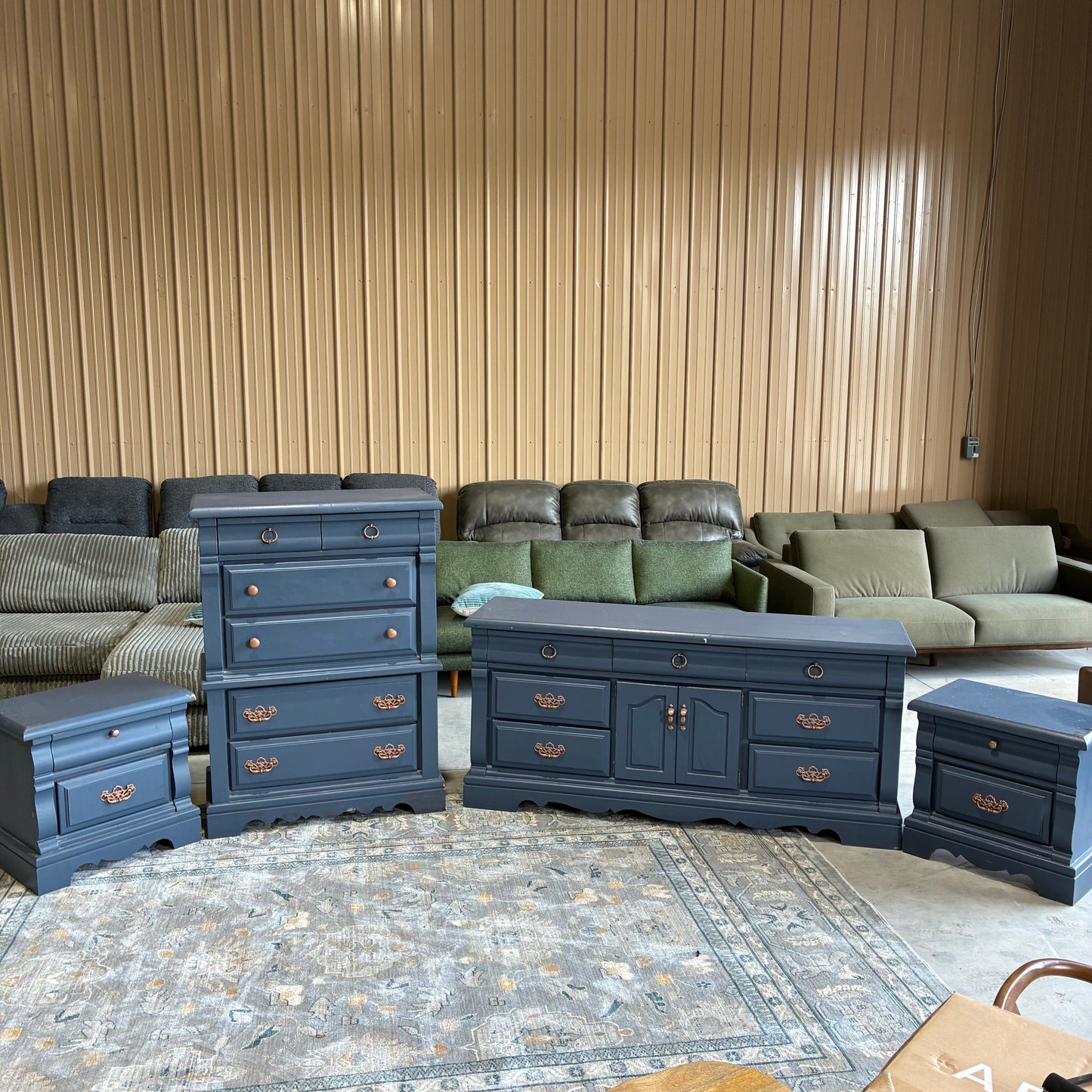 Blue and Gold Dresser, Chest, and Nightstand Set