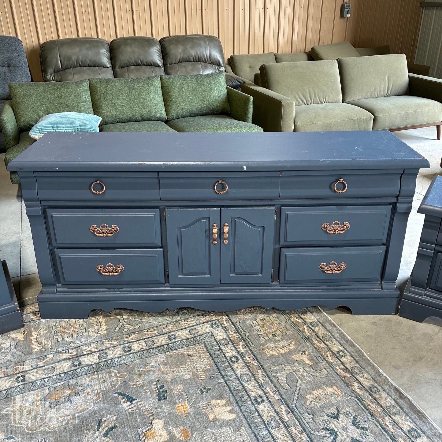 Blue and Gold Dresser, Chest, and Nightstand Set