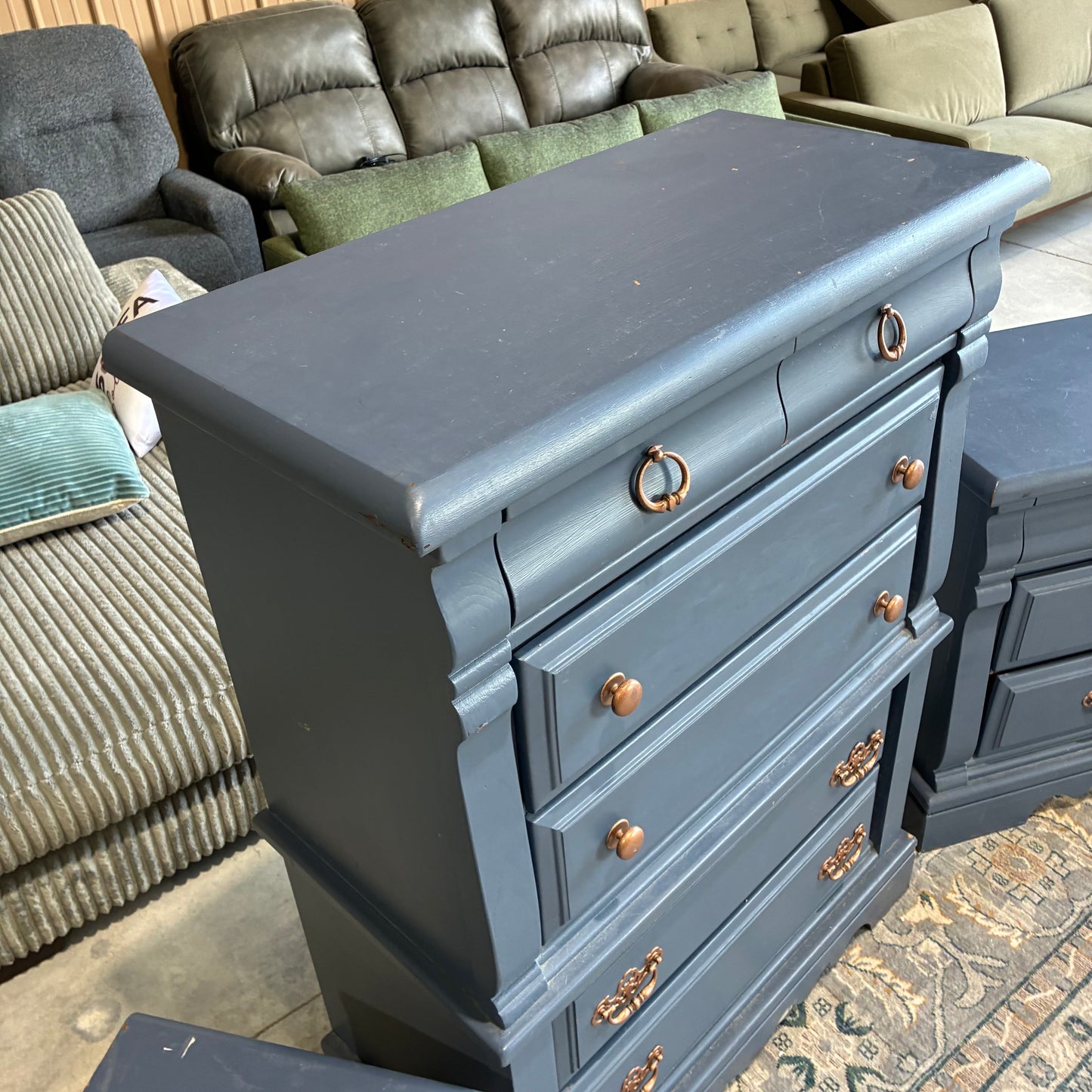 Blue and Gold Dresser, Chest, and Nightstand Set